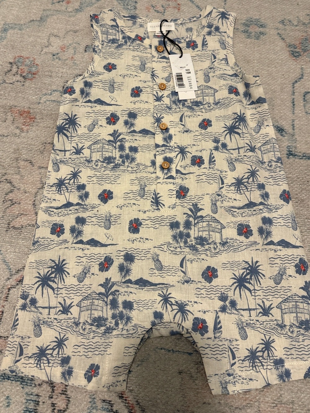 Sleeveless Tropical Print Romper - Blue & Cream